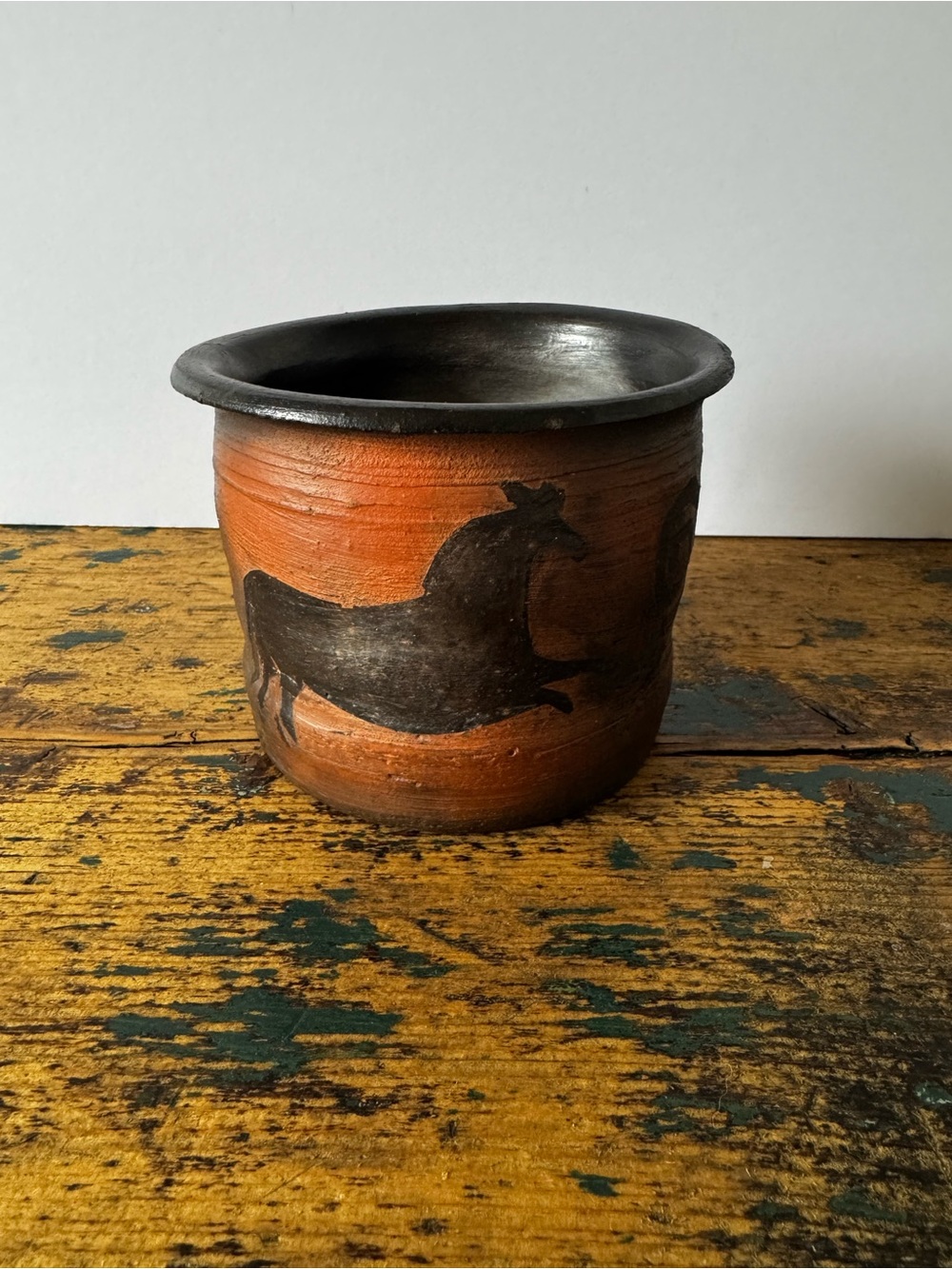 Handcrafted Raku Horse Motif Planter - Burnt Orange and Black